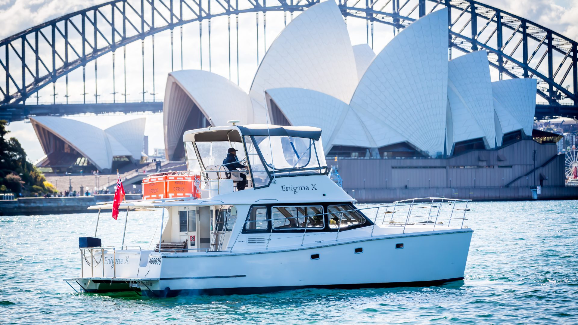 Enigma X: 20-guest capacity, spacious decks, premium seating, ideal for Sydney Harbour cruises